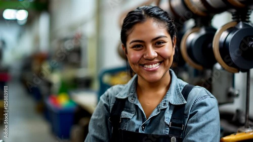 smiling hispanic female factory worker posing looking at the camera.	
