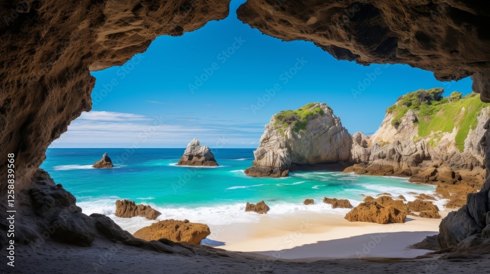 Explore a hidden beach cove framed by majestic rock formations and tranquil ocean views Explore a hidden beach cove framed by majestic rock formations and tranquil ocean views