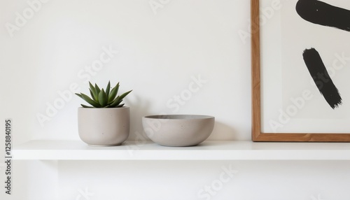 Modern mantel decor featuring minimalist plant and pottery on a clean white shelf