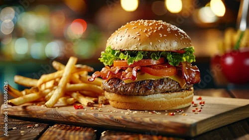 Juicy gourmet burger with crispy bacon, fresh lettuce, ripe tomatoes, and melted cheese served with golden French fries on a wooden board in a cozy bistro setting with blurred lights