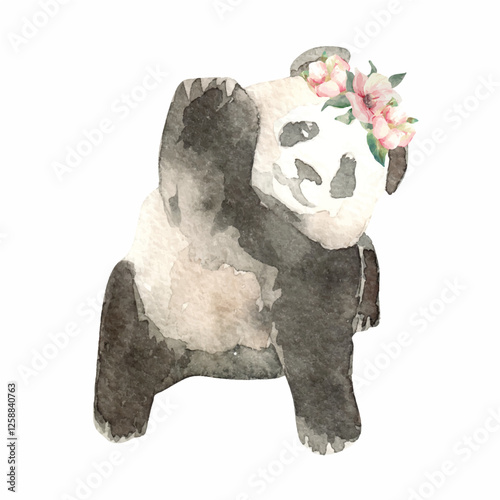 panda and flowers watercolor illustration for kids textile bed sheets wallpaper notebook clothes things isolated