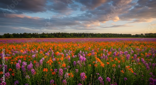 Wallpaper Mural Blooming Flower Meadow at Sunset with Orange and Purple Wildflowers Torontodigital.ca