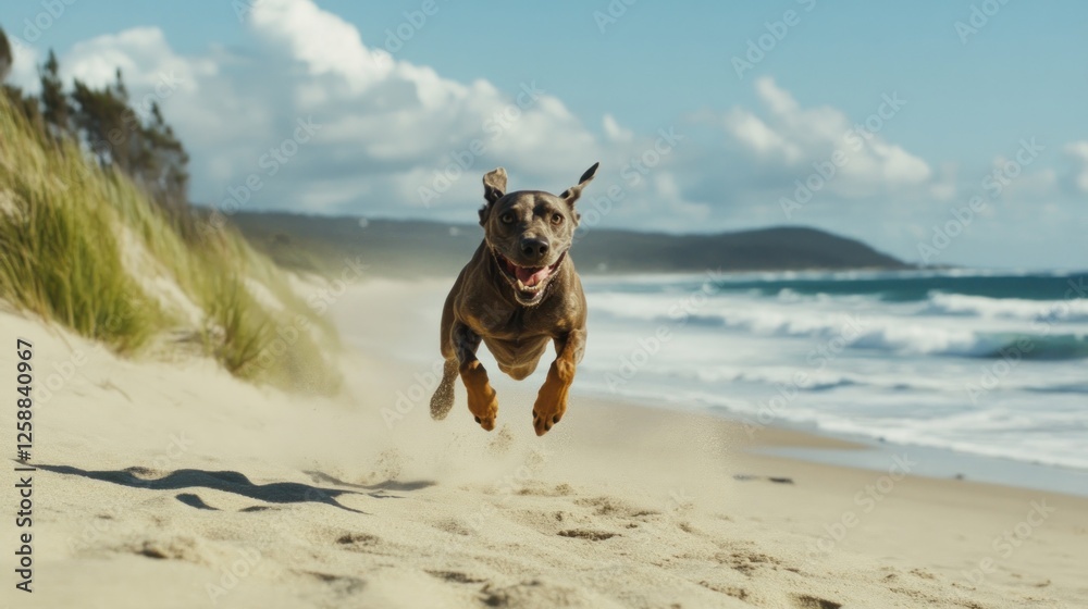 Happy Dog Running on Sandy Beach Toward Ocean Happy Dog Running on Sandy Beach Toward Ocean