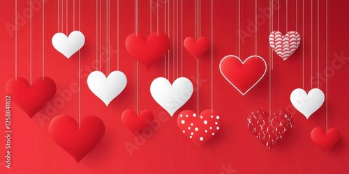 Red and white hearts hanging against a red background
