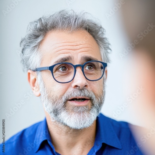 man with glasses looking up