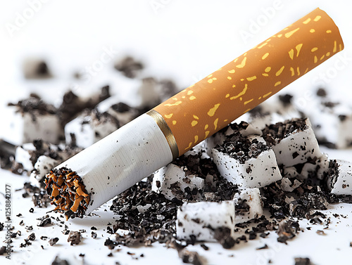 Closeup of a broken cigarette amidst its ash and tobacco, a powerful visual metaphor for addiction, health risks, and the destructive nature of unhealthy habits. photo