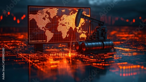 This image portrays an advanced oil extraction mechanism superimposed on a digital world map, highlighting the global connectivity and technological evolution of the oil industry.