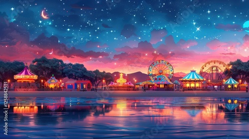Nighttime amusement park by the sea, colorful lights reflecting on water under starry sky.