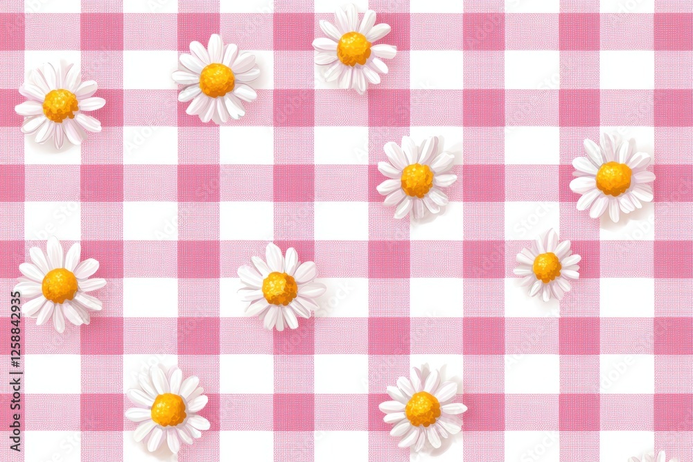 A cheerful pink gingham background adorned with white daisies, creating a playful and inviting atmosphere. A cheerful pink gingham background adorned with white daisies, creating a playful and inviting atmosphere.