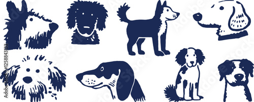 Cute dog doodles adorable drawings of different dogs isolated on white background vector illustration
