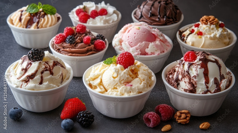 Assorted ice cream scoops in bowls with berries & nuts. Assorted ice cream scoops in bowls with berries & nuts.
