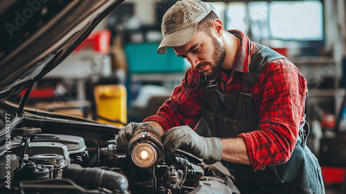 Wallpaper Mural Automotive technician inspecting car engine with flashlight in a repair shop. He is wearing a cap and overalls. Garage setting. Car maintenance. Torontodigital.ca