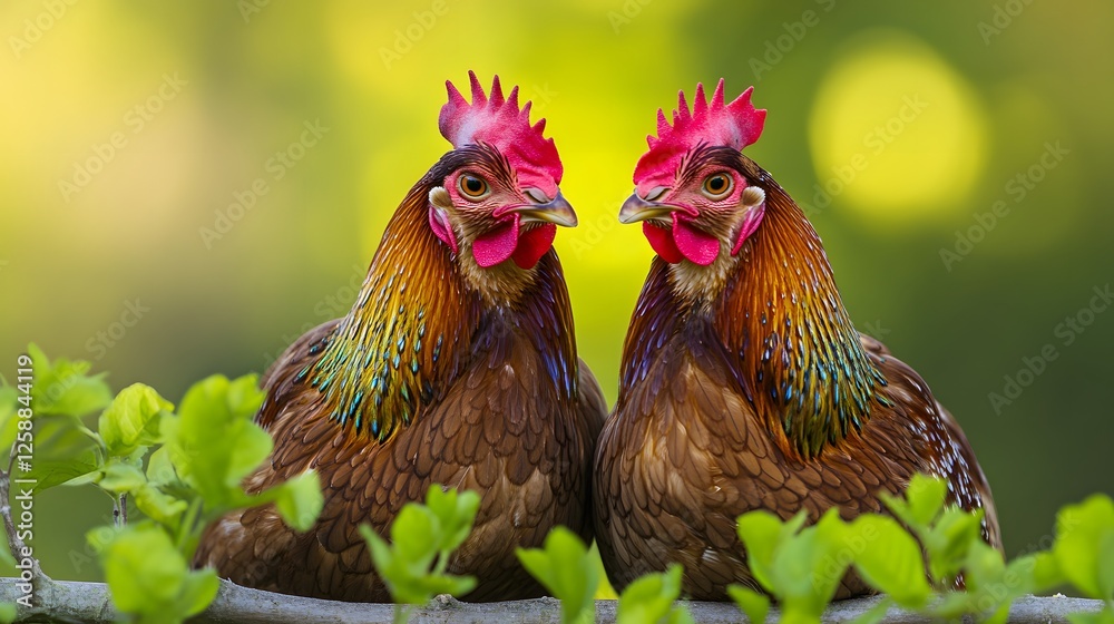 Fototapeta premium Two Beautiful Brown Chickens Face to Face in Nature