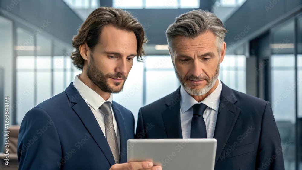 Two businessmen reviewing documents on a tablet in a modern office building. They appear serious and focused on their work. Two businessmen reviewing documents on a tablet in a modern office building. They appear serious and focused on their work.