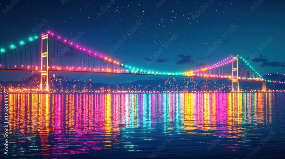 Obraz premium Night cityscape bridge lights reflection harbor