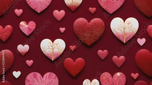 「パターンや背景、オリジナルギフトのモックアップ（グリーティングカード、チョコレートのパッケージ、ワインボトルのラベルなど）、そしてロマンチックなイラスト。」

