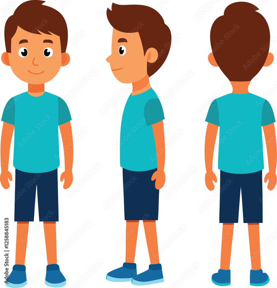 Cartoon Boy Character Depicted in Front, Side, and Back View Cartoon Boy Character Depicted in Front, Side, and Back View