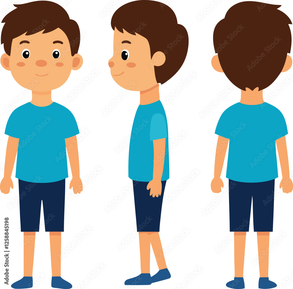 Cartoon Boy Character Depicted in Front, Side, and Back View Cartoon Boy Character Depicted in Front, Side, and Back View