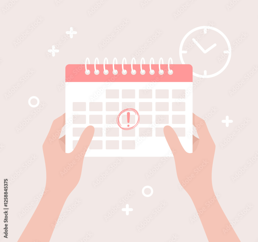 Hands holding a calendar with a date circled and marked with an exclamation mark. Flat vector illustration Hands holding a calendar with a date circled and marked with an exclamation mark. Flat vector illustration