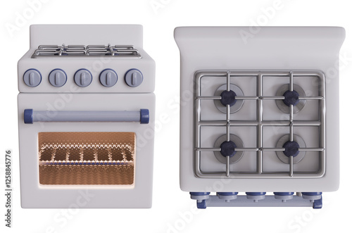 3D Render of a Gas Stove with Oven Front and Top Views