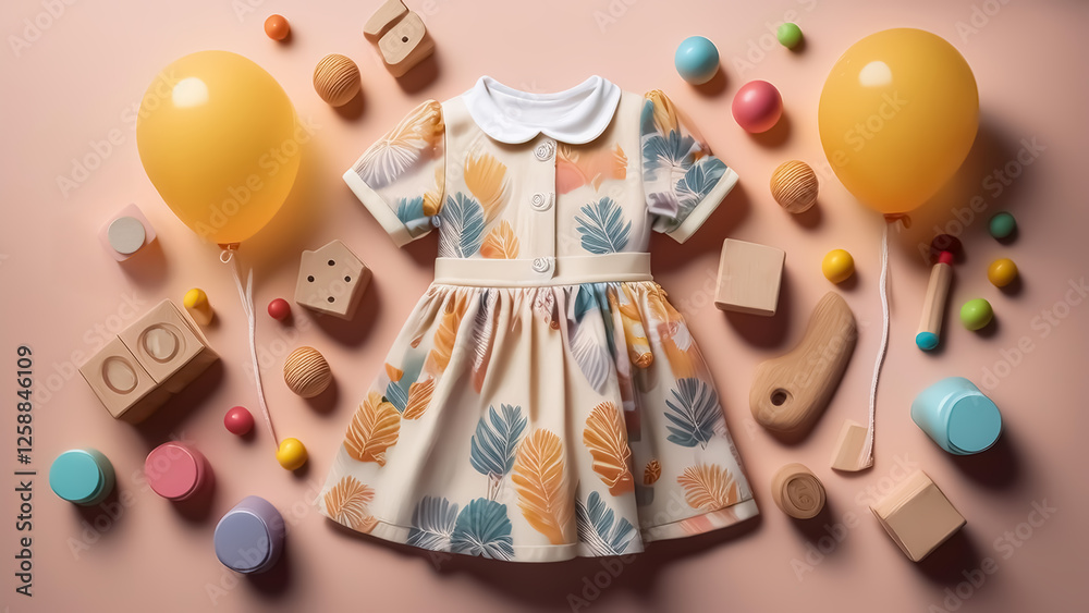 Obraz premium Adorable Baby Dress with Colorful Leaf Print and Wooden Toys