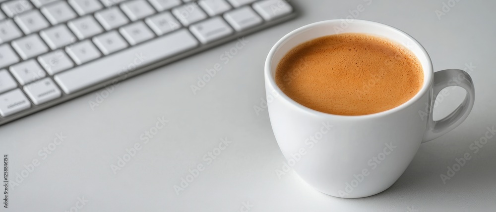 coffee break: keyboard and cup of coffee on desk