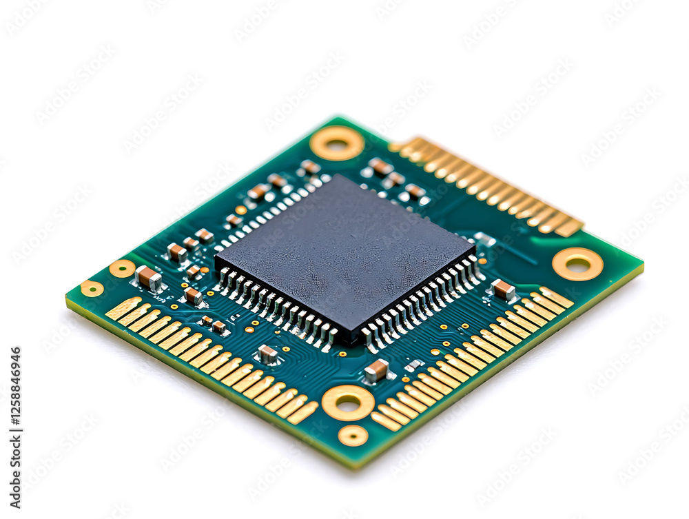 Closeup of a microchip on a green circuit board. A powerful image representing technology, innovation, and the digital age. Closeup of a microchip on a green circuit board. A powerful image representing technology, innovation, and the digital age.