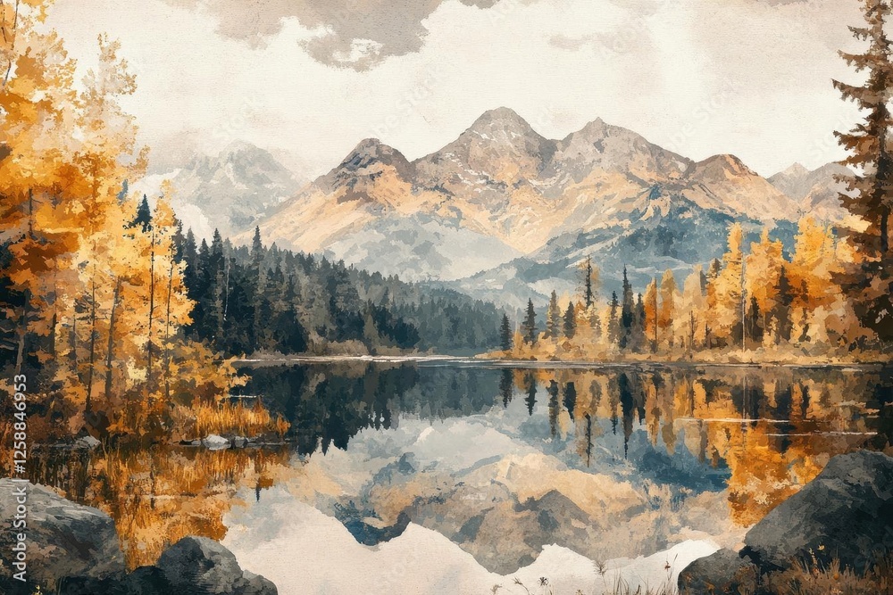 Fototapeta premium Autumn Watercolor Landscape of Mountains, Forests, and a Lake for Seasonal Art Projects