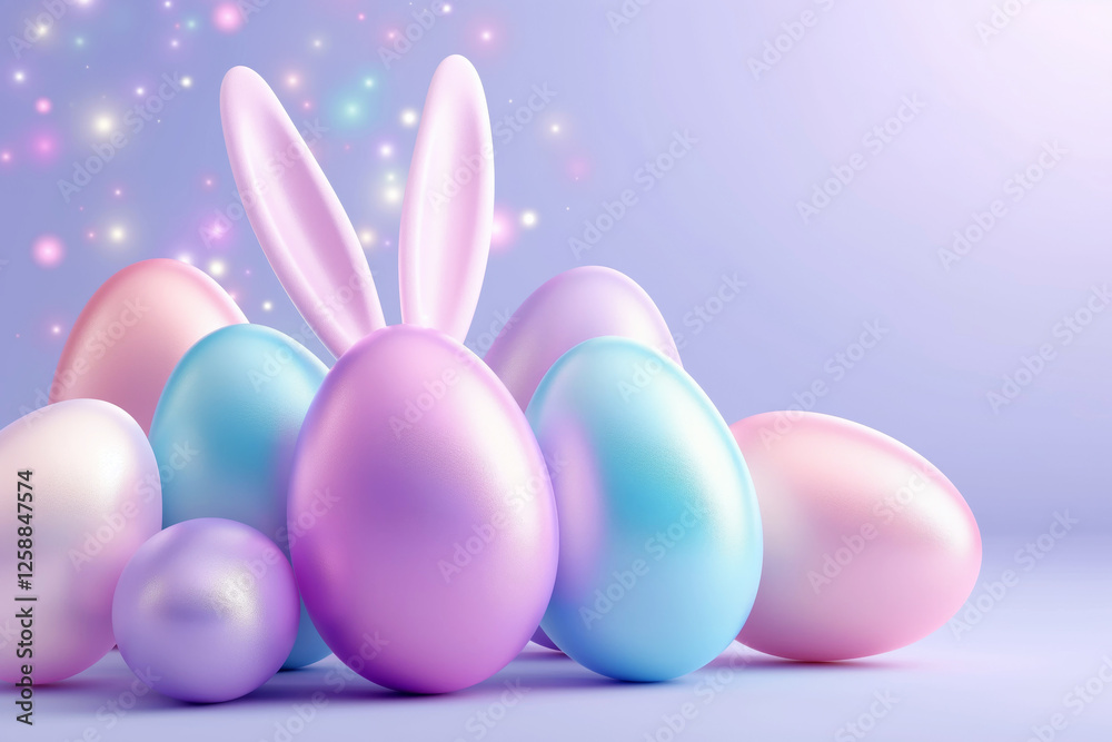 Pastel colored Easter eggs lie in a pile on the left against a light lavender background. Pink bunny ears are sticking out of the eggs. Easter celebration and holiday decor concept Pastel colored Easter eggs lie in a pile on the left against a light lavender background. Pink bunny ears are sticking out of the eggs. Easter celebration and holiday decor concept