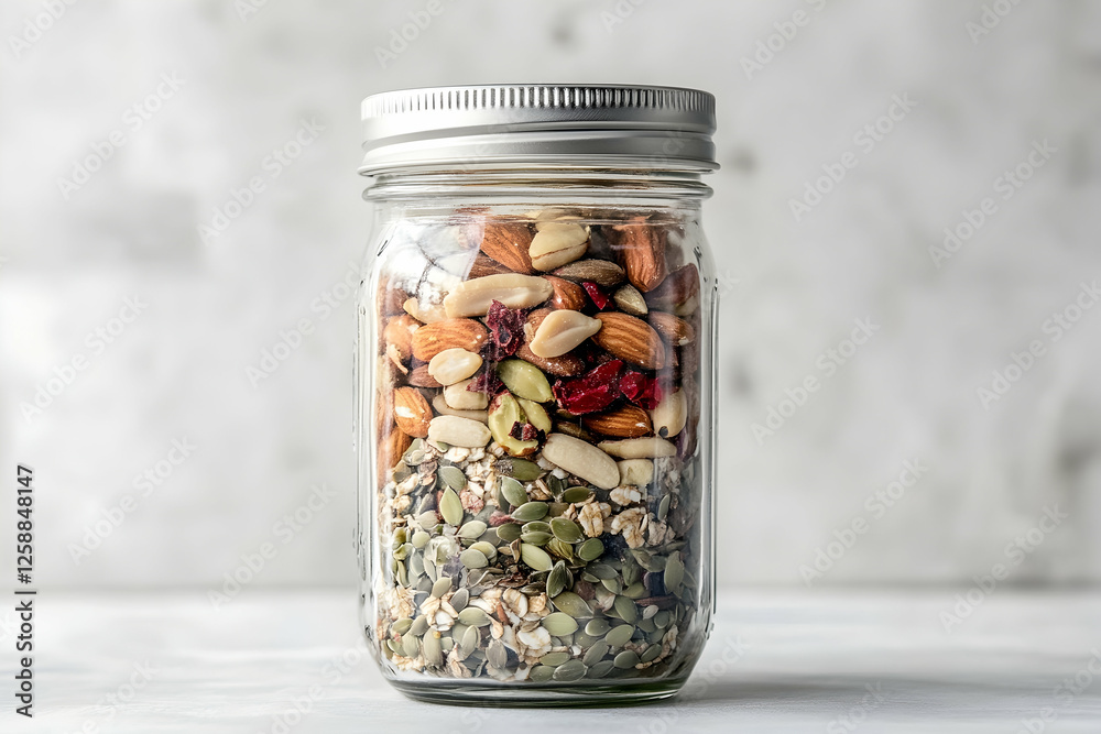 Mason jar filled with assorted nuts and seeds for healthy snacking Mason jar filled with assorted nuts and seeds for healthy snacking
