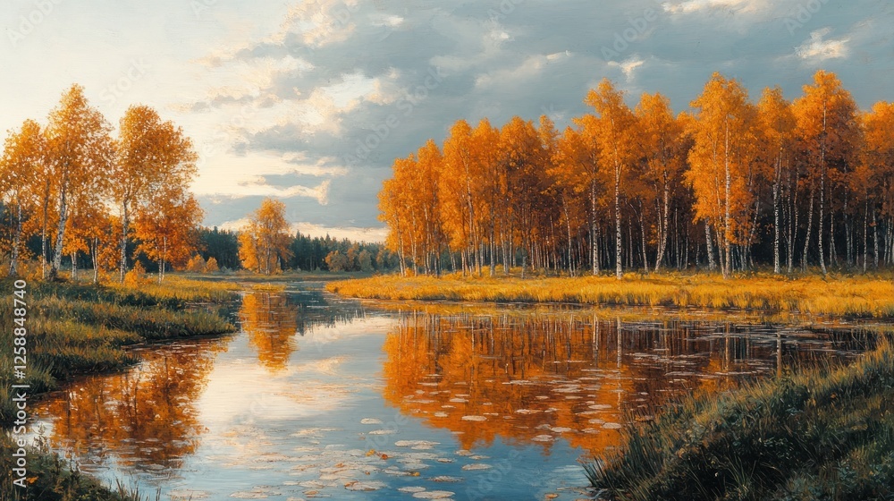 Obraz premium Autumnal Birch Trees Reflecting in Calm Water