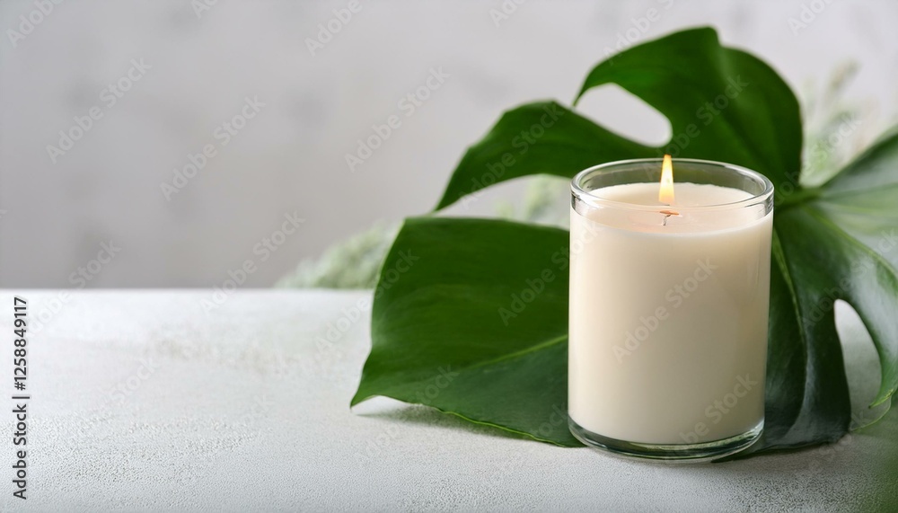 burning soy wax candle and monstera leaf on light table closeup space for text burning soy wax candle and monstera leaf on light table closeup space for text