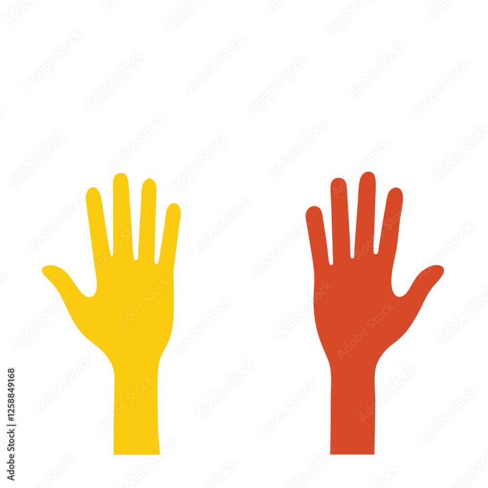 Minimalistic Illustration of Yellow and Red Hands on White Background Minimalistic Illustration of Yellow and Red Hands on White Background