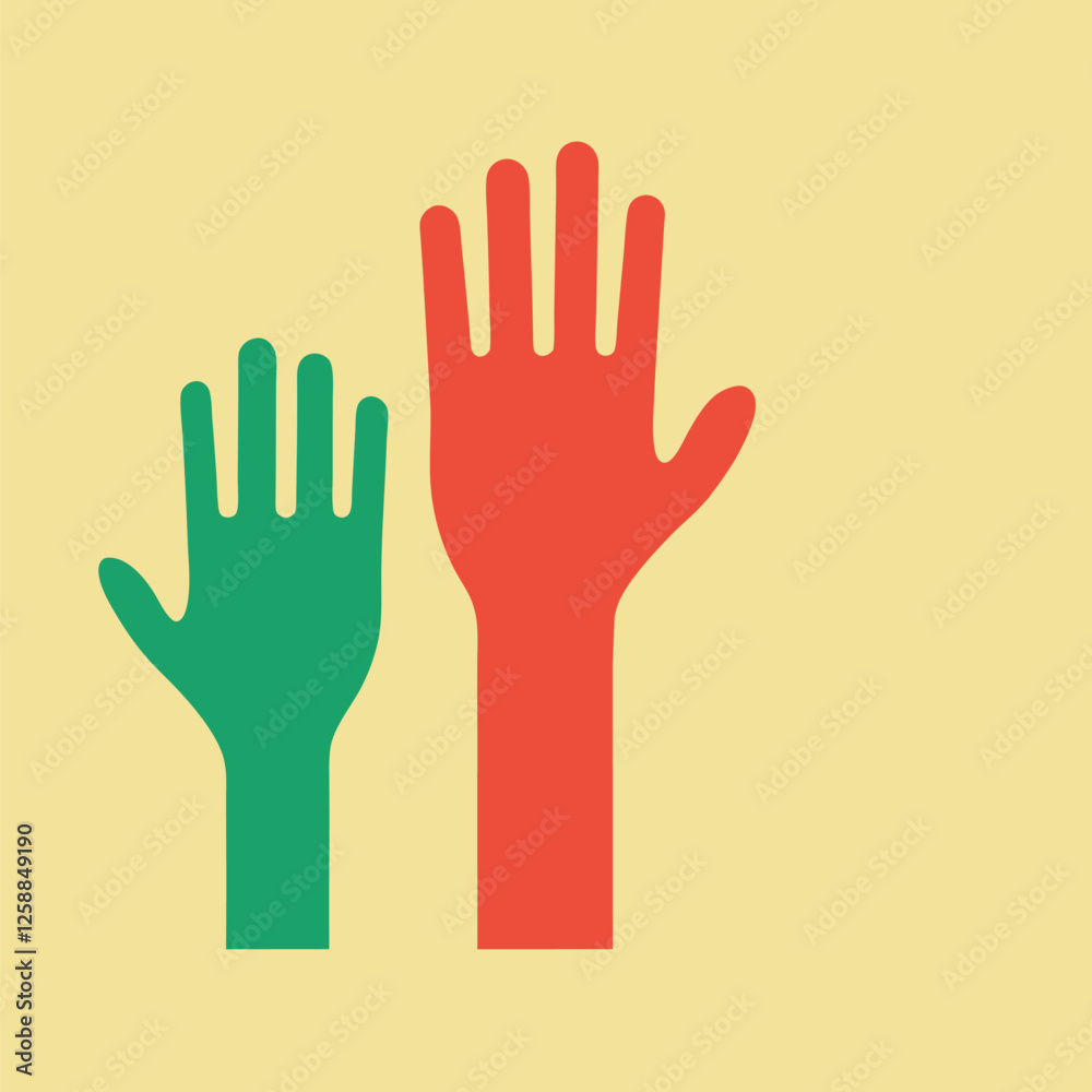 Colorful Illustration of Green and Red Hands on Yellow Background Colorful Illustration of Green and Red Hands on Yellow Background