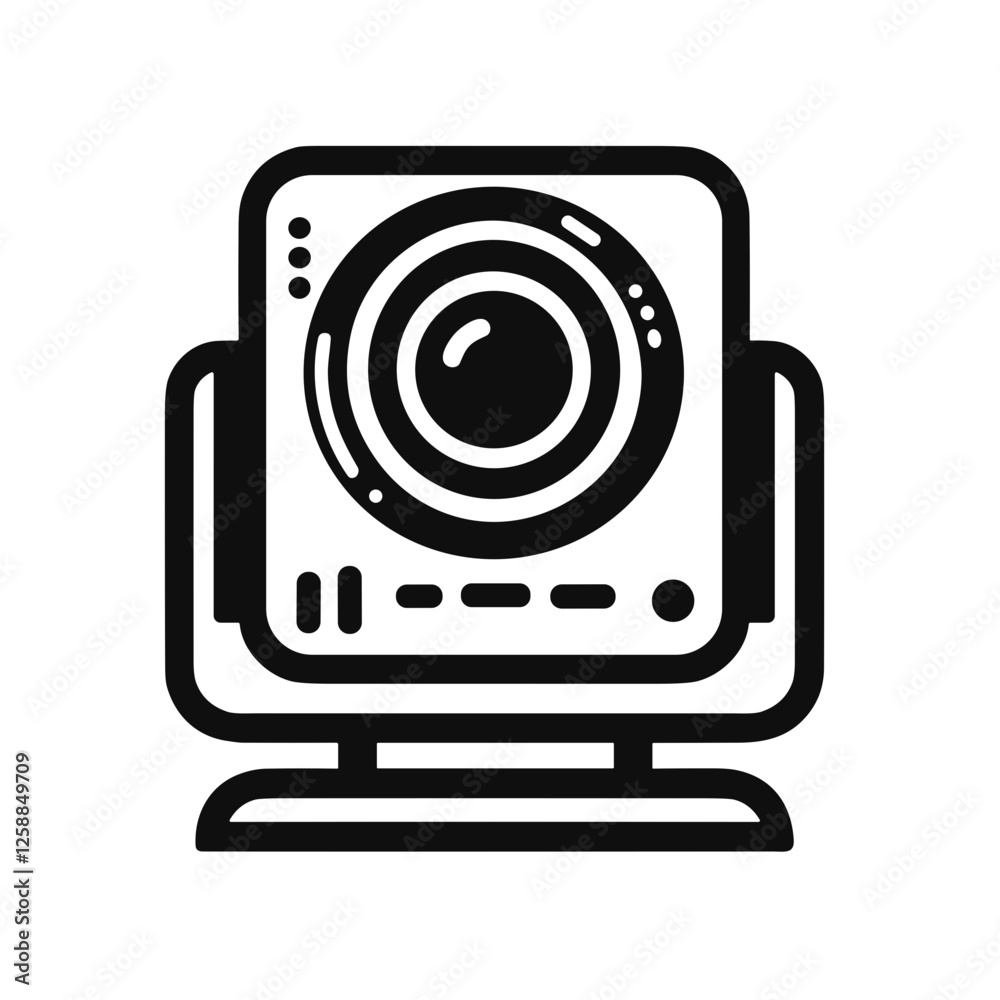 Video conference camera in a minimalistic black-and-white line art style for communication technology Video conference camera in a minimalistic black-and-white line art style for communication technology