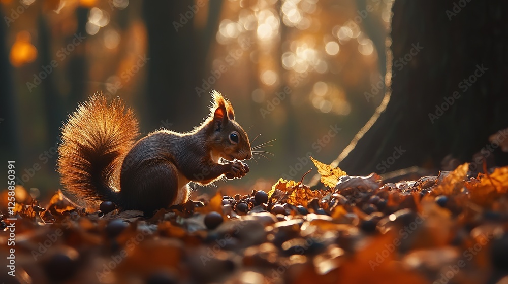 Fototapeta premium Red Squirrel Eating Nuts In Autumn Forest Sunlight