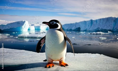 A cute penguin stands among the ice of the Arctic and turns his head. Inhabitants of the South Pole, permafrost fauna