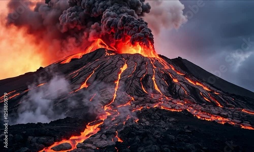 A huge volcano spews lava, ash and smoke. A catastrophe, a natural cataclysm. Volcanic eruption