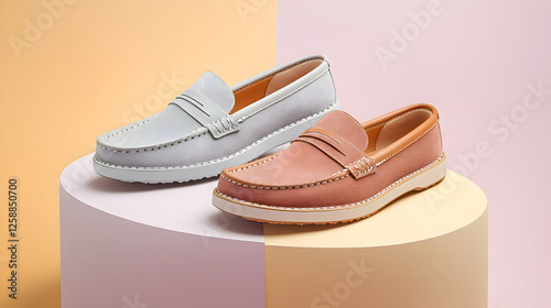 Casual loafers on a pastel-colored background, with ample room on top for promotional text