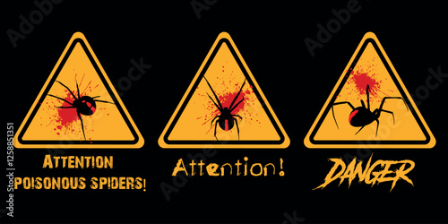 Collection warning yellow sign triangle. Vector illustration blood stain. Concept attention danger poisonous insects