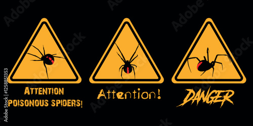 Sign yellow triangle warning scary. Set of symbols dangerous poisonous insects black spider. Vector graphics