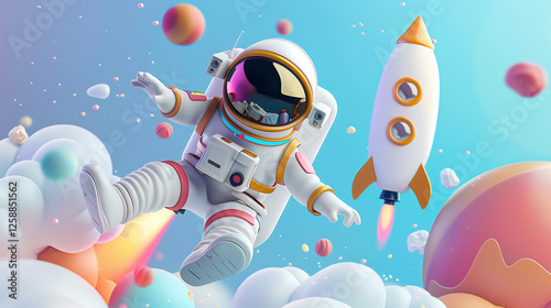 A 3d render spaceman astronaut flying with rocket 3d illustration design.