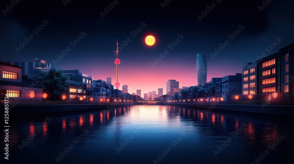 Beautiful Cityscape at Night with River and Sunset Sky Views Beautiful Cityscape at Night with River and Sunset Sky Views
