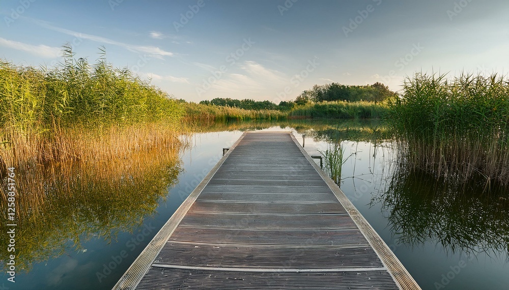 a peaceful dock floats in calm waters surrounded by wetland reeds that beautifully reflect embodying tranquility and connection to nature s essence a peaceful dock floats in calm waters surrounded by wetland reeds that beautifully reflect embodying tranquility and connection to nature s essence