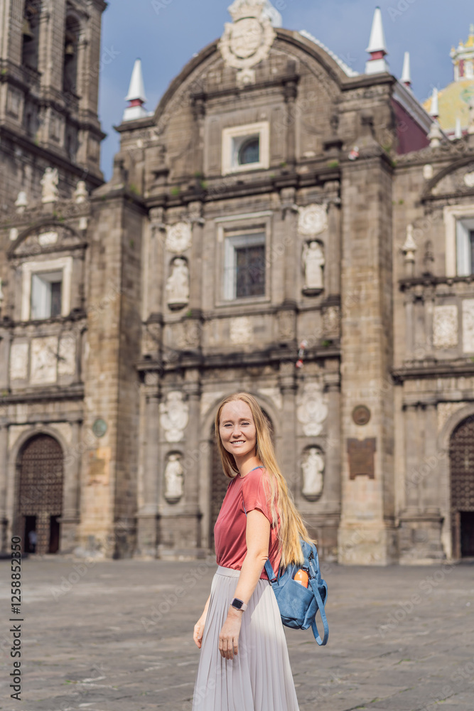 Fototapeta premium Female tourist in front of Catedral de Puebla, Mexico. Travel, cultural heritage, and historic architecture exploration concept