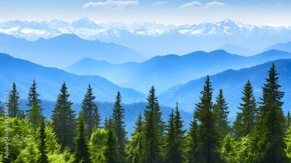 Majestic Mountain Range Panorama with Evergreen Forest Majestic Mountain Range Panorama with Evergreen Forest