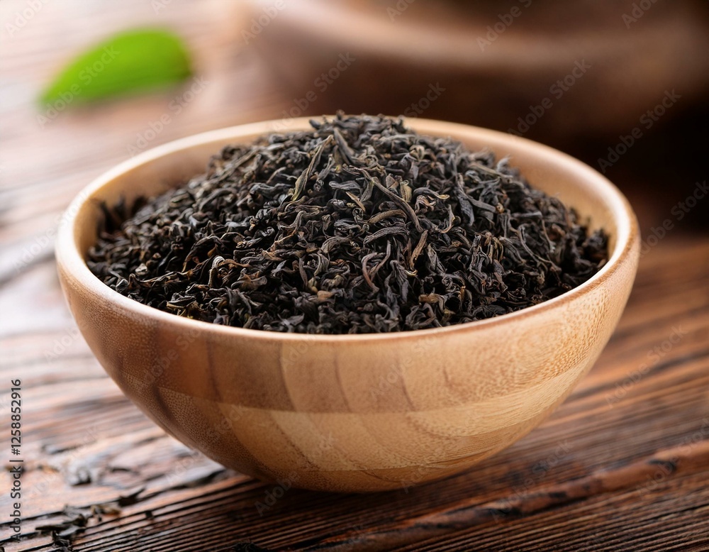 bowl of loose black tea leaves on wooden background bowl of loose black tea leaves on wooden background