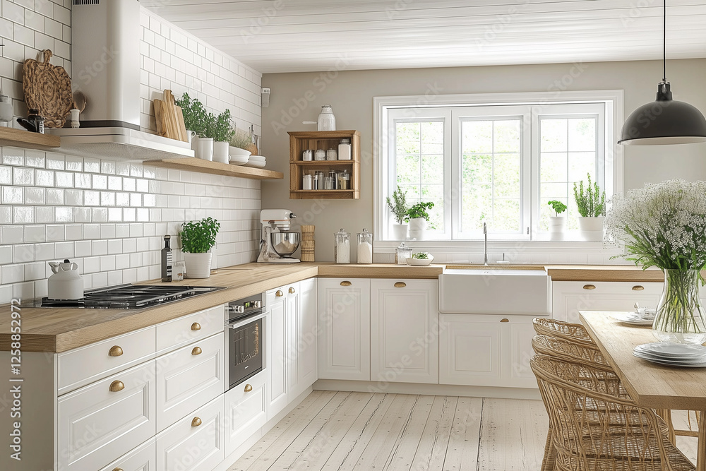 Fototapeta premium Scandinavian classic kitchen with wooden and white details, minimalistic interior design.