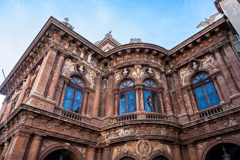 Architectural details of the Massimo Bellini Theater (Teatro Massimo Bellini, 1890). Catania, Sicily, Italy.