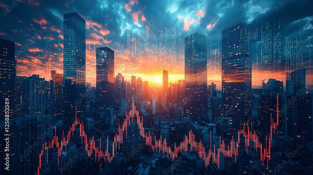 Obraz premium A captivating city skyline at sunset enhanced by dynamic graph overlays illustrating the intersection of urban beauty and financial market activity.